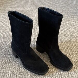 Stuart Weitzman Black Suede Mid Boots 7 37 Chunky Heels Shoes